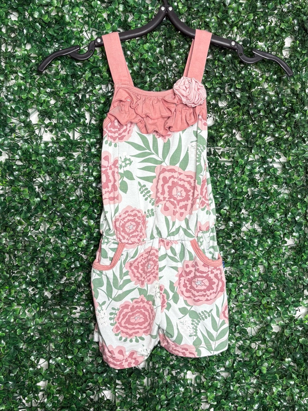 Kickee Pants Pink Floral Romper with Ruffle and Pocket Details